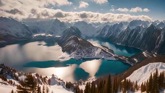 雪山环绕的蓝色湖泊全景