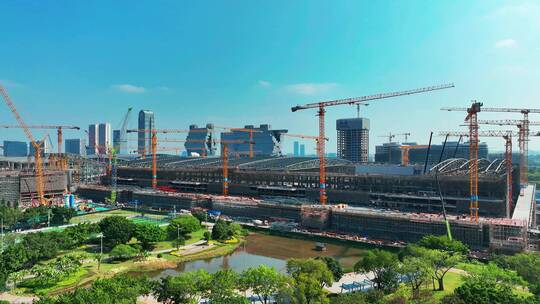 广州琶洲会展馆扩建工地有轨电车交通航拍