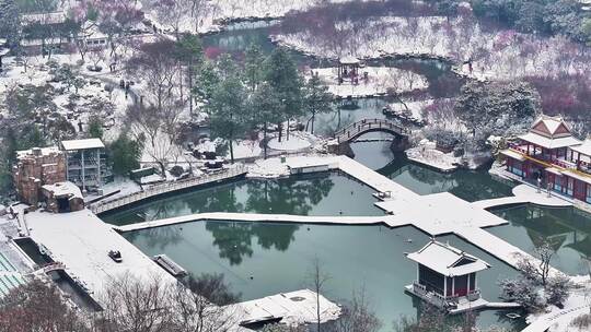 航拍瘦西湖景区园林大明寺观音山宋夹城雪景