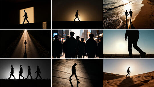 逆光行走人物剪影 光影下的孤独行者