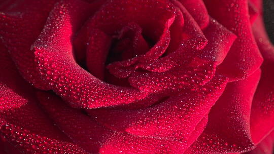 沾满露珠的红玫瑰花瓣上