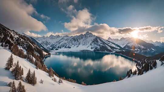 雪山湖泊自然风光全景