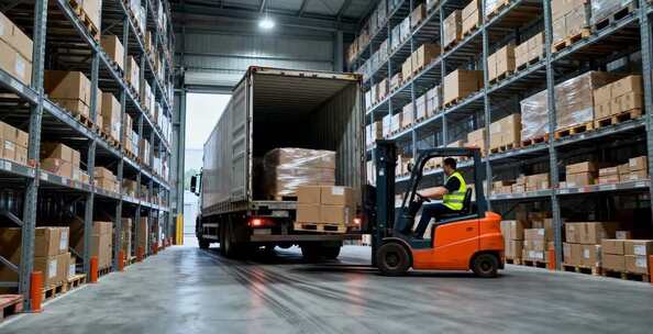 仓库叉车搬运货物场景