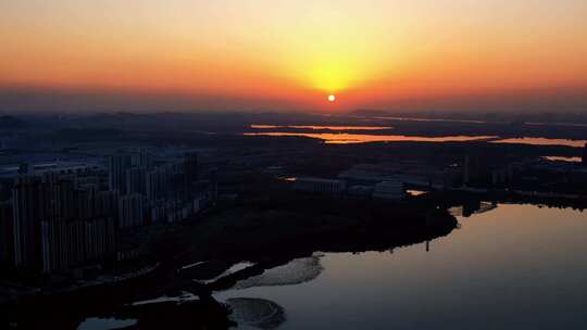 武汉军运村黄家湖夕阳航拍