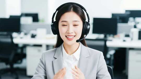 办公室女白领戴耳机沟通画面