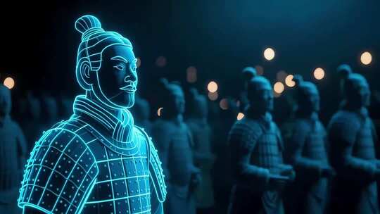 发光线条勾勒的兵马俑素材