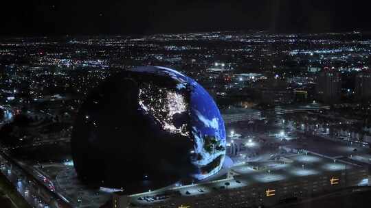 航拍拉斯维加斯MSGSphere球形场馆夜景灯光
