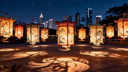 城市夜景中的中式灯笼