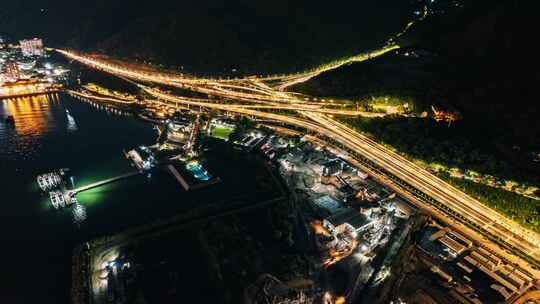 航拍深圳盐田惠深沿海高速坪盐通道夜景延时