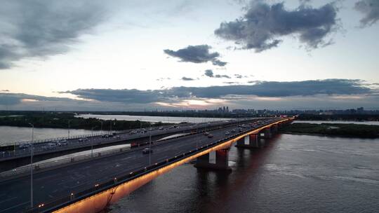 哈尔滨公路大桥城市夜景风光航拍