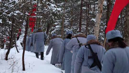 红军战士抗联战士过雪地 巡逻 冬季 巡查