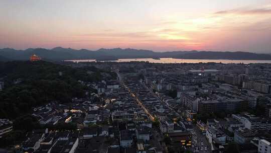 杭州西湖河坊街夜幕降临晚霞日落夜景灯光