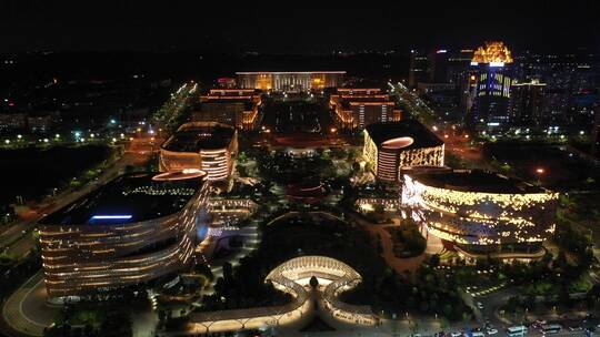 泉州市政府泉州图书馆夜景航拍泉州东海夜景