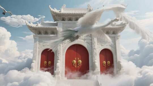 云端中式门楼与飞鹤素材