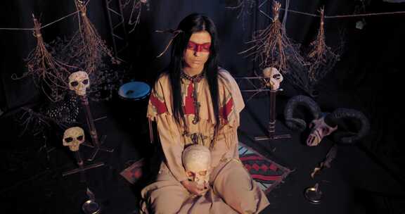 一名年轻的美洲土著妇女手持头骨的高角度视角，