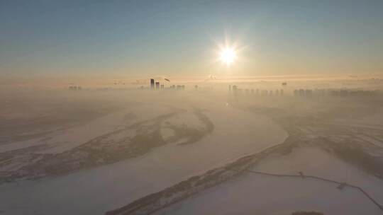 哈尔滨阳明滩大桥雪景航拍日出