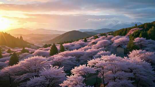 山间樱花林日落美景