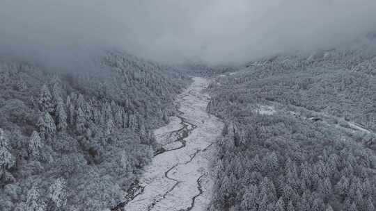 航拍雪覆盖山林全景