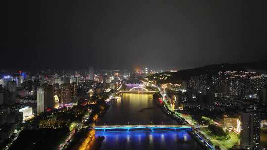 航拍甘肃兰州黄河两岸夜景