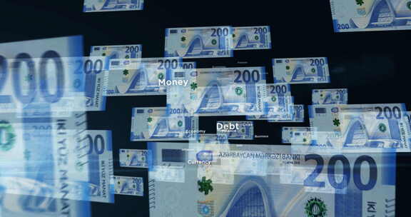 阿塞拜疆马纳特纸币在透明货币之间飞舞