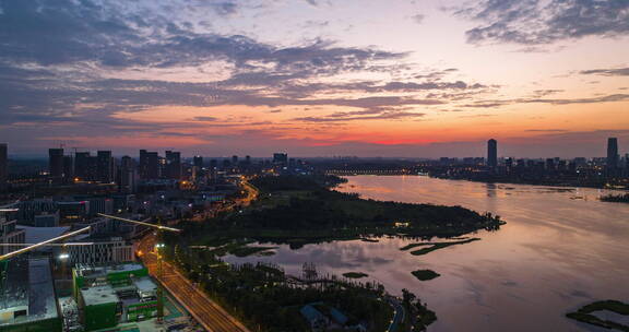 兴隆湖晚霞大范围延时航拍美丽风景