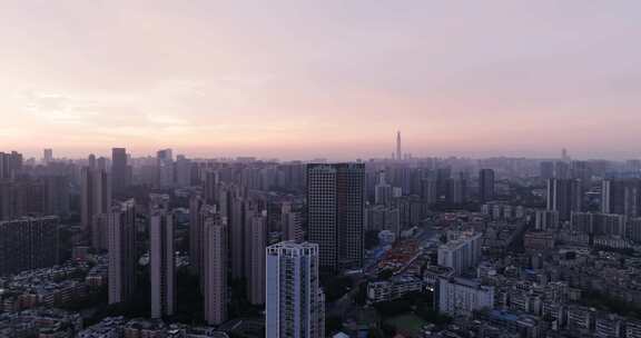 夏日黎明航拍成都市风景日出景观