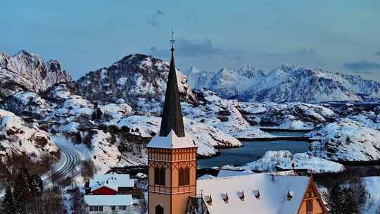 挪威罗弗敦群岛北极圈教堂冬季雪景高空航拍