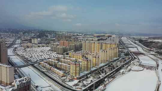 航拍城市雪景  雪后县城