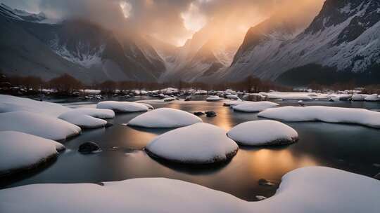 雪山河流雪景日出景象