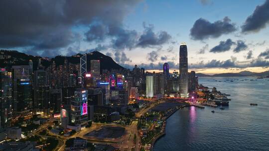 航拍中国香港维多利亚港现代城市夜景