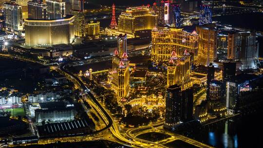 澳门半岛永利皇宫巴黎人伦敦人夜景高空延时