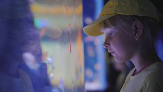 小女孩看着水族馆与海鱼视频素材模板下载