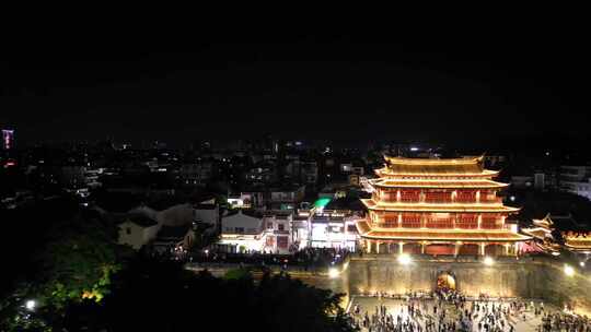 航拍广东潮州古城广济门城楼夜景