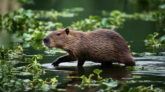 水獭在水中行走的画面