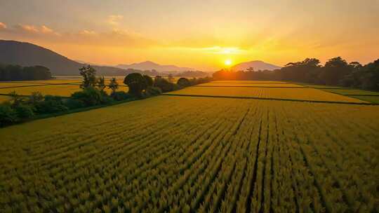 夕阳下的金黄稻田风光