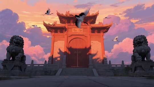古风古建筑与飞鹤场景素材