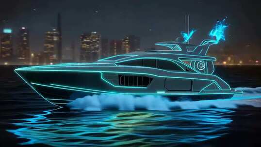 夜晚霓虹特效游艇城市背景画面