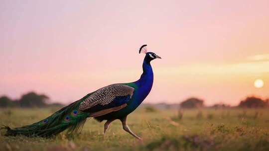 夕阳下行走的孔雀