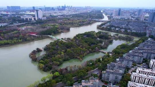 航拍嘉兴南湖风景区放鹤洲岛