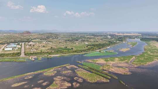 东平河流湿地自然风光航拍素材
