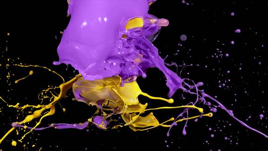 紫色黄色液体颜料泼洒碰撞飞溅