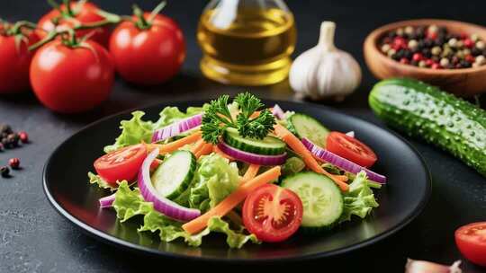 黑色盘装新鲜蔬菜沙拉