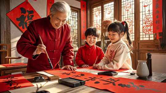 春节家人团聚写福字书法传统文化