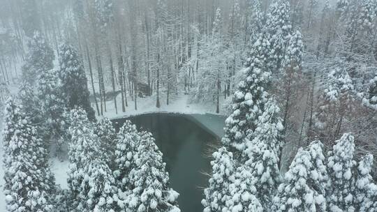 金华山双龙风景区小西湖林区冬季雪景航拍