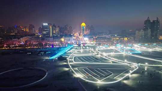 中国黑龙江哈尔滨松花江冬季冰雪嘉年华夜景