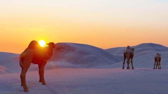 沙漠骆驼在夕阳下的剪影视频