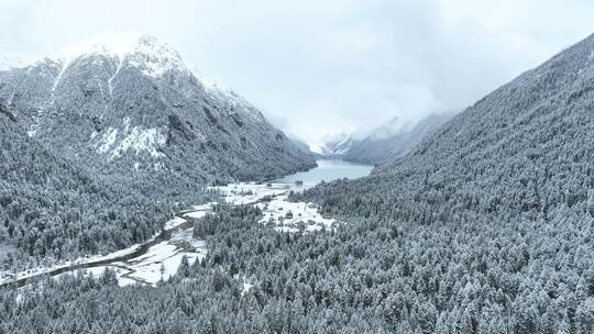 西藏林芝巴松措，雪山森林雪地的雪景风光