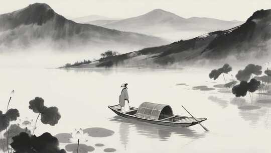 水墨山水古人泛舟画面