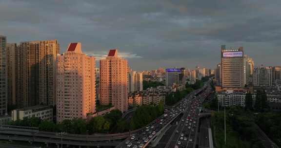 杭州城市交通中河高架环城北路夕阳航拍