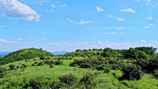 夏季蓝天白云绿色大山山顶全景风光